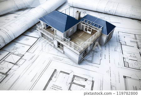 Architectural blueprints and a drawing instruments on the worktable, black and white. Architectural blueprints and a drawing instruments on the worktable, black and white. 119782800