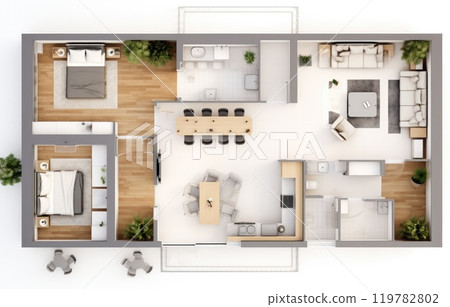 3D Top view landscape design plan with house, a private house with kitchen, bedrooms, living room, dining room, bathroom and furniture. 3D Top view landscape design plan with house, a private house with kitchen, bedrooms, living room, dining room, bathroom and furniture. 119782802