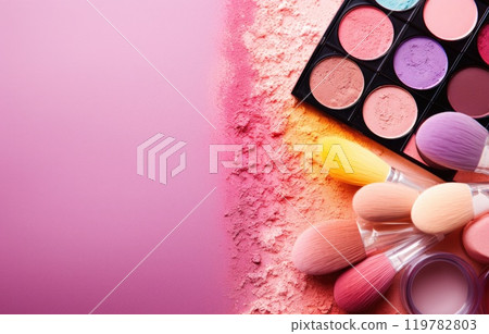 A pink makeup bag with cosmetic beauty products spilling out on to a pastel colored background, with empty space at side A pink makeup bag with cosmetic beauty products spilling out on to a pastel colored background, with empty space at side 119782803