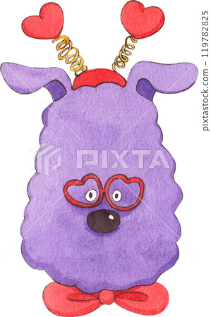 purple poodle with glasses, red bow, and red headband, hand-drawn watercolor painting illustration 119782825