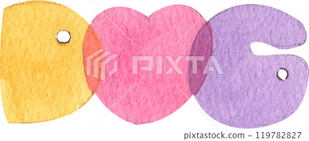 letters spelling _dog_ in yellow, pink, and purple, hand-drawn watercolor painting illustration 119782827