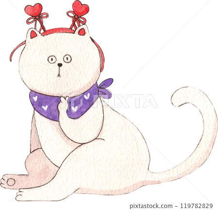 white cat sitting, making a mini heart, with a purple scarf and red heart headband, hand-drawn watercolor painting illustration 119782829