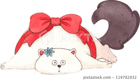 white cat lying down with a big red bow and blue flower on its head., hand-drawn watercolor painting illustration 119782832