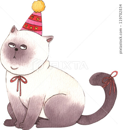 siamese cat wearing a red and pink party hat with yellow fluff., hand-drawn watercolor painting illustration 119782834