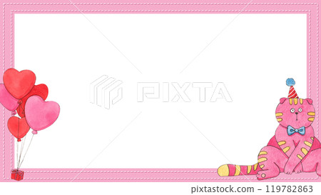A fat pink cat with yellow stripes, wearing a party hat and lots of heart-shaped balloons.., hand-drawn watercolor frame design 119782863