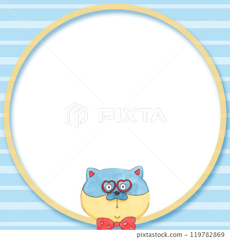 Blue dog with red glasses, striped background, blue, white,hand-drawn watercolor frame design 119782869