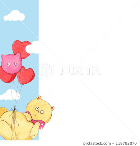 A fat yellow cat, tied to several balloons, floats in the sky.., hand-drawn watercolor frame design A fat yellow cat, tied to several balloons, floats in the sky.., hand-drawn watercolor frame design 119782870