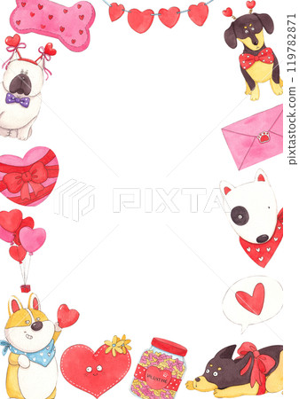 Hearts surrounding a white dog, a brown dog, a purple fat cat, balloons, hearts, an envelope., hand-drawn watercolor frame design Hearts surrounding a white dog, a brown dog, a purple fat cat, balloons, hearts, an envelope., hand-drawn watercolor frame design 119782871