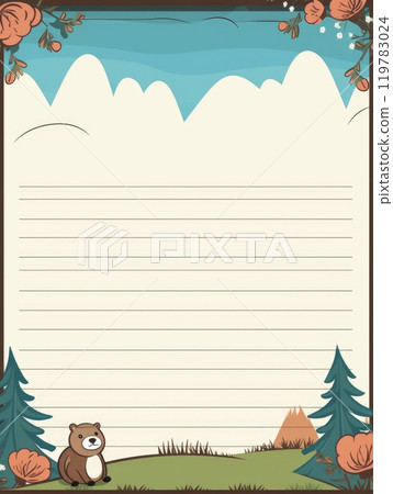 Sheet template for notebook, bears in the forest, Cartoon, notepad, diary. Lined paper. Cute character. 119783024