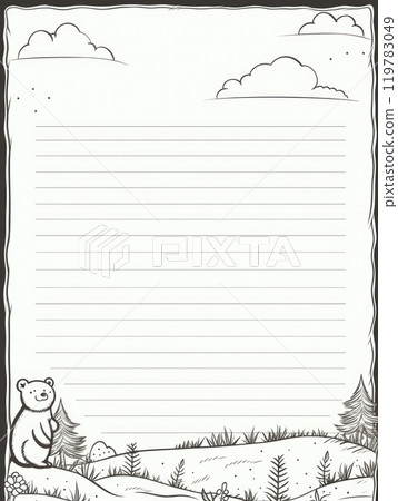 Sheet template for notebook, dinosaurs in the forest, Cartoon, notepad, diary. Lined paper. Cute character. Sheet template for notebook, dinosaurs in the forest, Cartoon, notepad, diary. Lined paper. Cute character. 119783049
