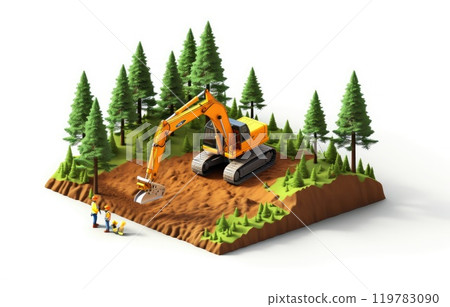 land development concept backhoe clearing in forest isometric and enginneer working with worker , Minimalist 119783090