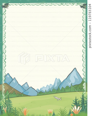 Sheet template for notebook, dinosaurs in the forest, Cartoon, notepad, diary. Lined paper. Cute character. Sheet template for notebook, dinosaurs in the forest, Cartoon, notepad, diary. Lined paper. Cute character. 119783104