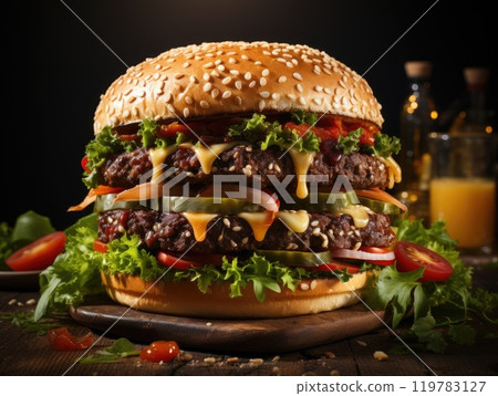 Cheeseburger or hamberger, on a wooden background. Cheeseburger or hamberger, on a wooden background. 119783127