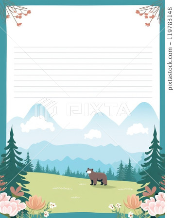 Sheet template for notebook, dinosaurs in the forest, Cartoon, notepad, diary. Lined paper. Cute character. 119783148