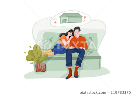 Smiling Young Couple Sitting On Sofa Thinking Of Getting Their New House 119783370