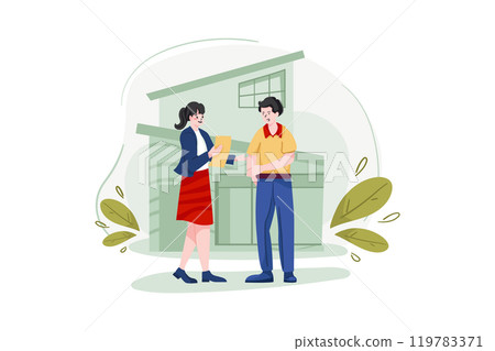 The estate agent is presenting a home loan to the client's 119783371