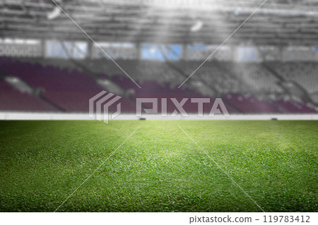 Empty football stadium with green field. The field is ready for a game Empty football stadium with green field. The field is ready for a game 119783412