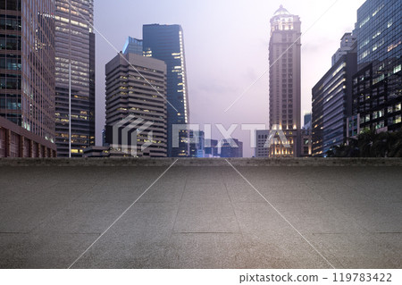 Empty rooftop balcony with view of modern building skyscrapers and futuristic architecture with sunset scene Empty rooftop balcony with view of modern building skyscrapers and futuristic architecture with sunset scene 119783422