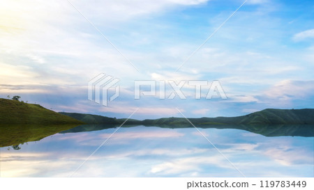 Lakes with hills with blue sky and clouds in the background Lakes with hills with blue sky and clouds in the background 119783449