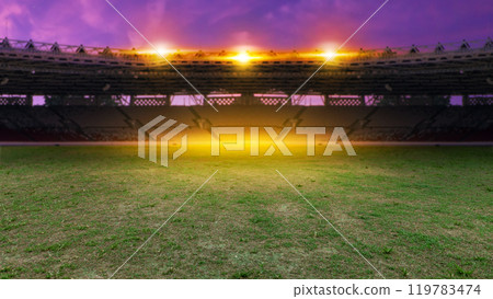Empty football stadium with green field and spotlights. The field is ready for a game Empty football stadium with green field and spotlights. The field is ready for a game 119783474