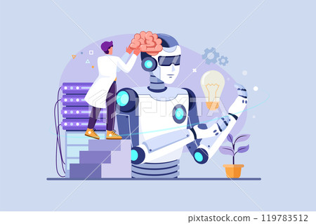 AI Technology Development. People carrying a giant brain to put it inside robot's head AI Technology Development. People carrying a giant brain to put it inside robot's head 119783512