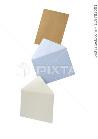 Set of envelope and postcard on white background. The envelopes are of different variation size and colors 119783601