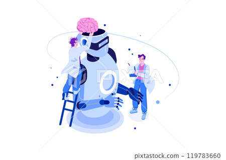 AI Technology Development Illustration Concept. People carrying a giant brain to put it inside robot's head 119783660