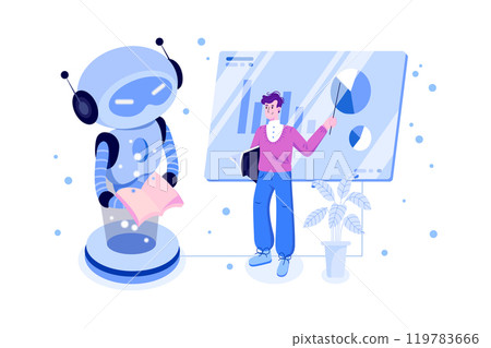 Robotics Learning Illustration Concept. Teacher giving lecture to robots Robotics Learning Illustration Concept. Teacher giving lecture to robots 119783666