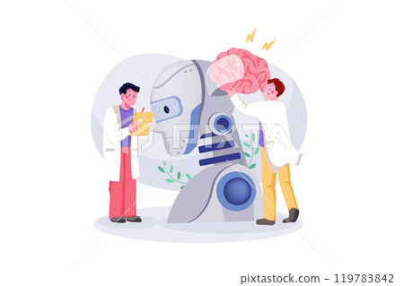 AI Technology Development. People carrying giant brain to put it inside robot's head 119783842