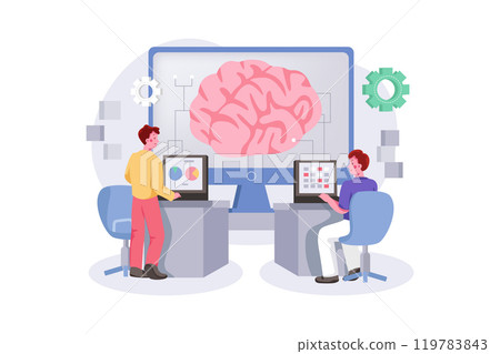 Artificial Intelligence Programming. Group of people sitting at computers and programming giant brain Artificial Intelligence Programming. Group of people sitting at computers and programming giant brain 119783843