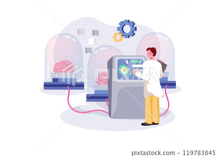 Neural Network. Man standing at control panel and programming brains in glass pods connected into network Neural Network. Man standing at control panel and programming brains in glass pods connected into network 119783845