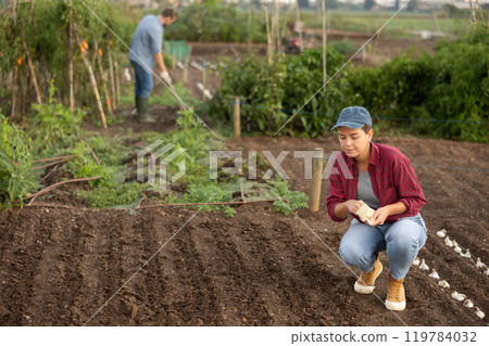 Female farmer planting seeds in the garden Female farmer planting seeds in the garden 119784032