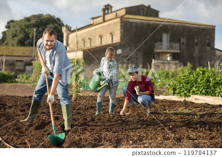 Man weeding beds woman planting seeds boy watering Man weeding beds woman planting seeds boy watering 119784137