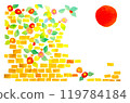 New Year's card: Brick wall with sun and blooming camellias 119784184