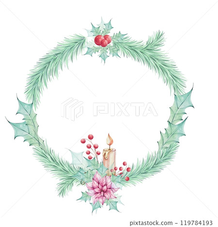 Watercolor christmas circke frame - tree brancah, candle with fir, red poinsettia flower and berries, holly green leaves. Hand painted compositions. Winter holiday decoration in retro, vintage style Watercolor christmas circke frame - tree brancah, candle with fir, red poinsettia flower and berries, holly green leaves. Hand painted compositions. Winter holiday decoration in retro, vintage style 119784193