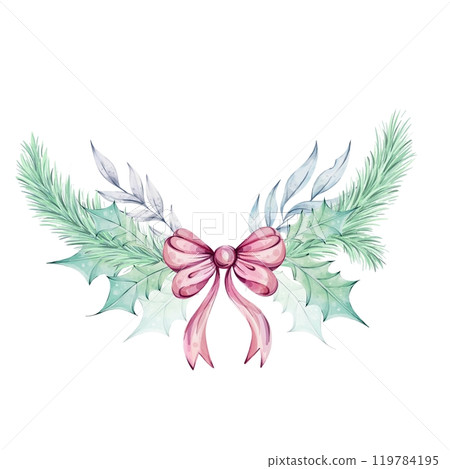 Watercolor Christmas arrangement - spruce branch with pink bow. Evergreen tree, fir, cedar. Winter green plants, holiday decoration Watercolor Christmas arrangement - spruce branch with pink bow. Evergreen tree, fir, cedar. Winter green plants, holiday decoration 119784195