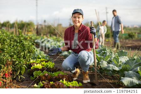 Young woman with lettuce beds in field Young woman with lettuce beds in field 119784251