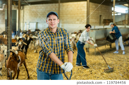 Successful farmer posing in barn with herd of domestic goats Successful farmer posing in barn with herd of domestic goats 119784456