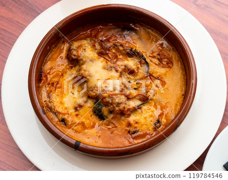 Egyptian moussaka of eggplant, tomato sauce and ground beef 119784546