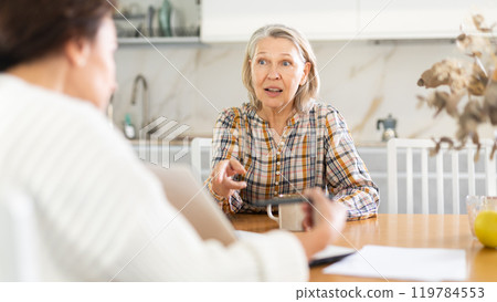 Real estate agent consulting elderly woman in home 119784553