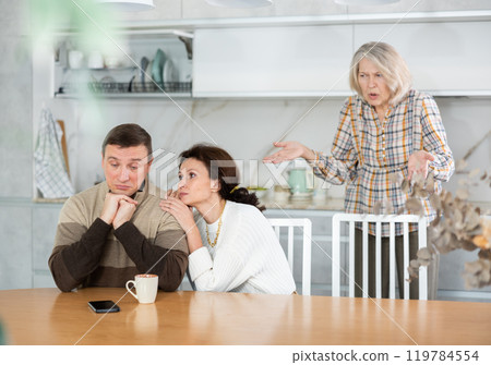 Family members quarreling in the kitchen and middle-aged woman trying to calm angry man 119784554
