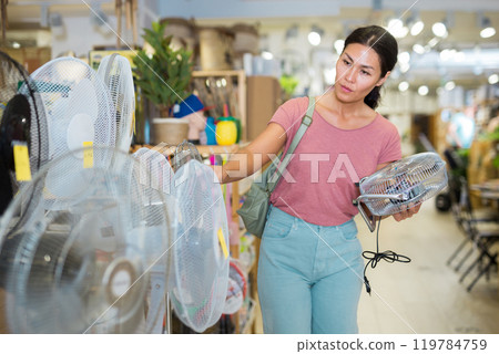 Woman choosing ventilator in store Woman choosing ventilator in store 119784759