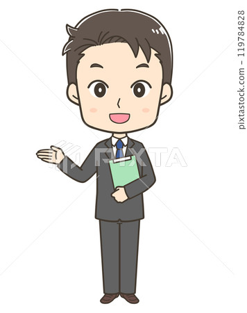 Full-body illustration of a businessman guiding to the left Full-body illustration of a businessman guiding to the left 119784828