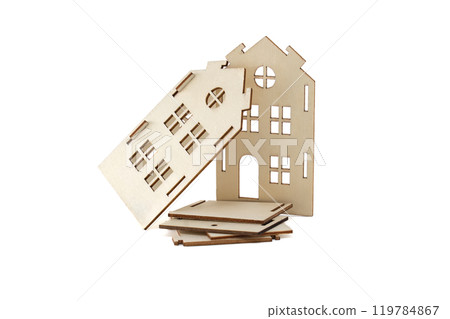 Wooden house model pieces showcasing DIY construction and creativity Wooden house model pieces showcasing DIY construction and creativity 119784867