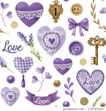 Valentines Day seamless pattern in tender lavender colors. Hand drawn vintage style hearts, lavender flowers, romantic elements on white background. Perfect for love-themed designs and gift packaging 119785019