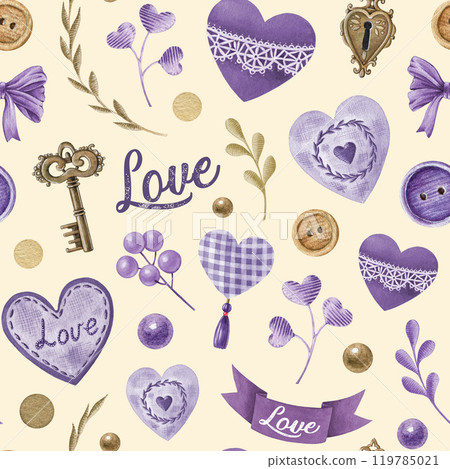 Valentines Day seamless pattern in tender colors. Hand drawn vintage style hearts, lavender flowers, romantic elements. Perfect for love-themed designs and gift packaging 119785021
