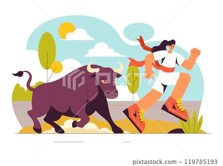 Running of the Bulls Vector Illustration featuring a Bullfighting Competition and Bulls Chasing in an Arena with a Flat Style Cartoon Background 119785193