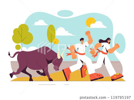 Running of the Bulls Vector Illustration featuring a Bullfighting Competition and Bulls Chasing in an Arena with a Flat Style Cartoon Background Running of the Bulls Vector Illustration featuring a Bullfighting Competition and Bulls Chasing in an Arena with a Flat Style Cartoon Background 119785197