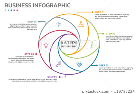 Visual data presentation. Cycle diagram with 6 options. Pie Chart Circle thin line infographic template with 6 steps, options, parts, segments. Business concept. Marketing infographic vector Visual data presentation. Cycle diagram with 6 options. Pie Chart Circle thin line infographic template with 6 steps, options, parts, segments. Business concept. Marketing infographic vector 119785224