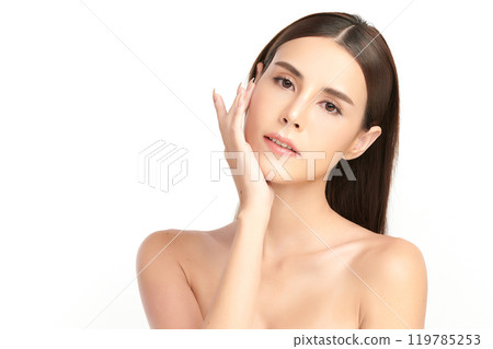 Beautiful young asian woman with clean fresh skin on white background, Face care, Facial treatment, Cosmetology, beauty and spa, Asian women portrait. 119785253